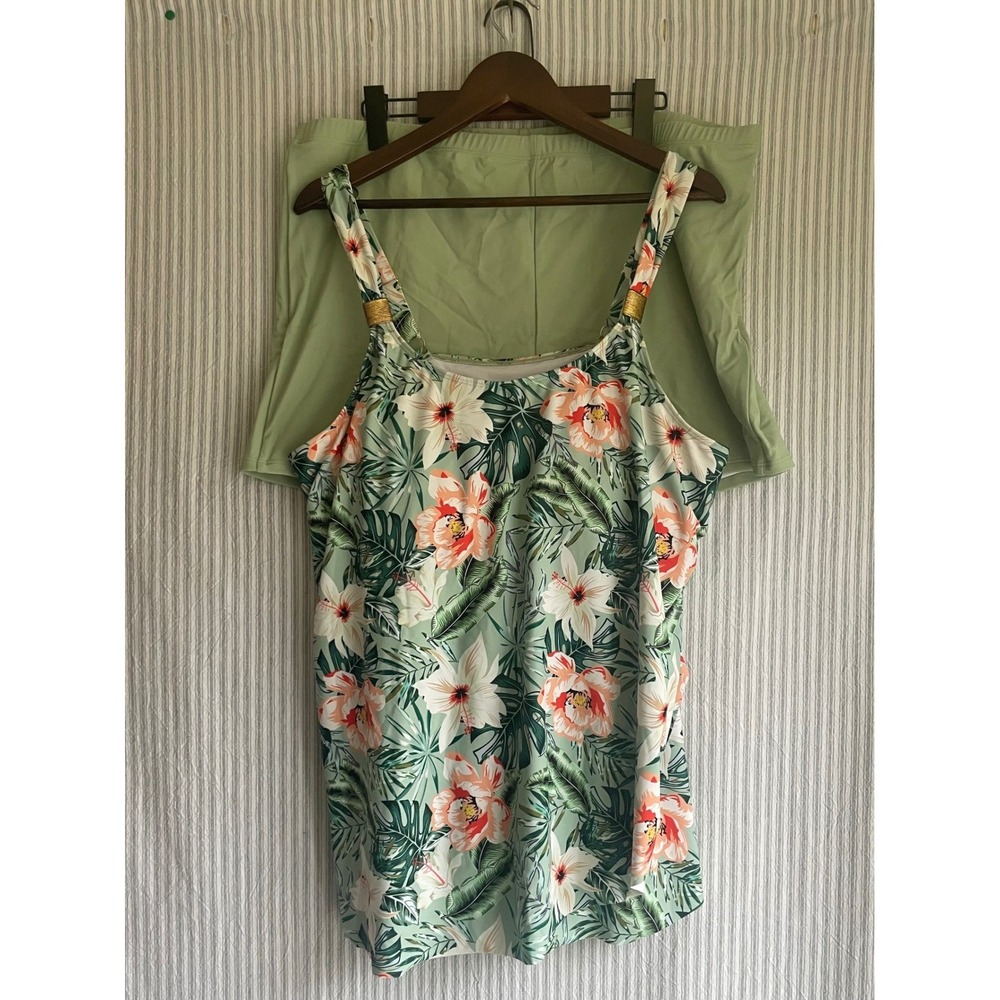 Hannah Nikole Tropical Floral Tankini Set 24W Green Ruffle Top Boy Shorts‎ NWT